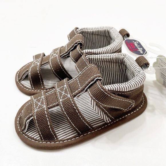 NEW First Steps chocolate canvas w/stripe baby sandals - Picture 3 of 5